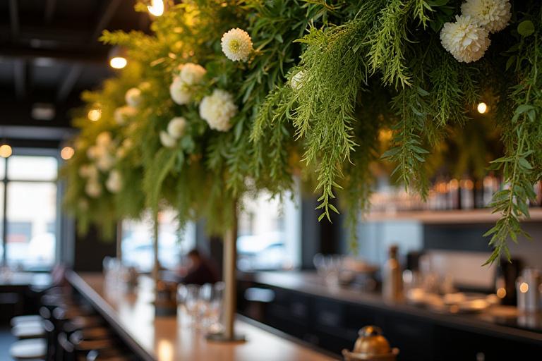 A hanging floral installation above a restaurant bar.