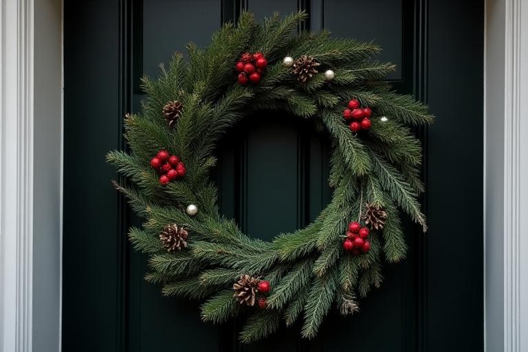 A festive winter wreath on a dark wooden door.